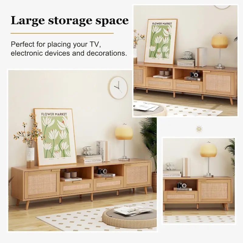 Mobile TV in Stile Rattan Color Legno da 198 cm con Ante e Ripiani, Adatto per TV Fino a 85"