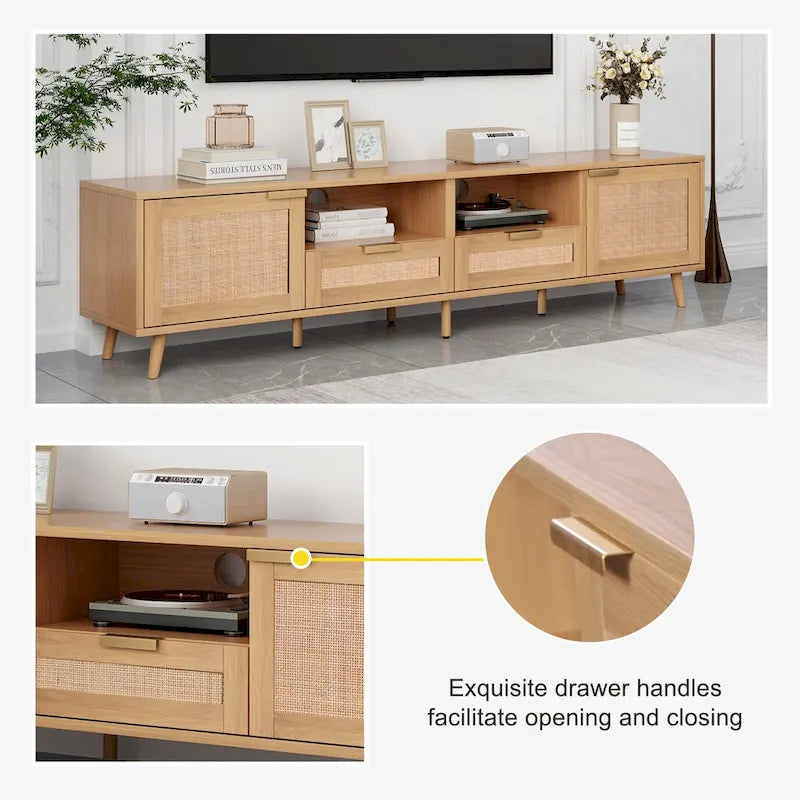 Mobile TV in Stile Rattan Color Legno da 198 cm con Ante e Ripiani, Adatto per TV Fino a 85"