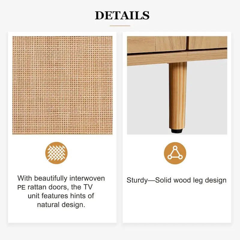 Mobile TV in Stile Rattan Color Legno da 198 cm con Ante e Ripiani, Adatto per TV Fino a 85"