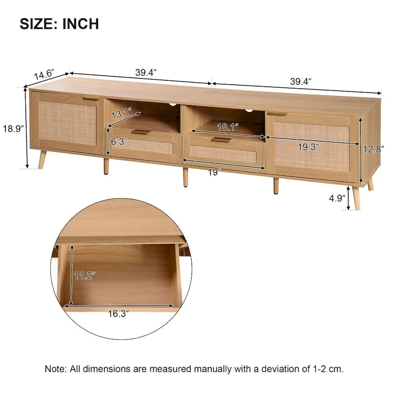 Mobile TV in Stile Rattan Color Legno da 198 cm con Ante e Ripiani, Adatto per TV Fino a 85"