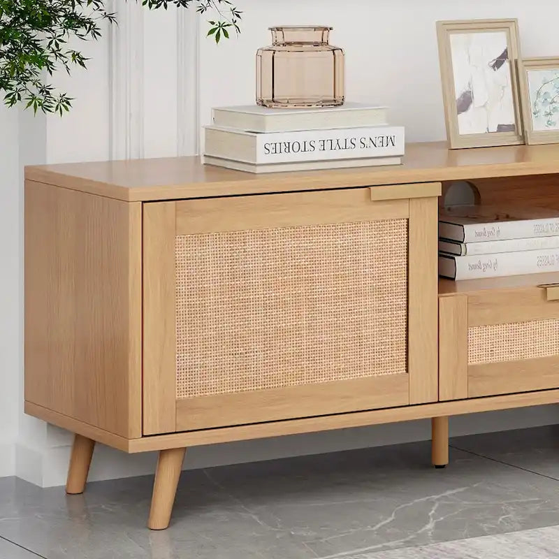 Mobile TV in Stile Rattan Color Legno da 198 cm con Ante e Ripiani, Adatto per TV Fino a 85"