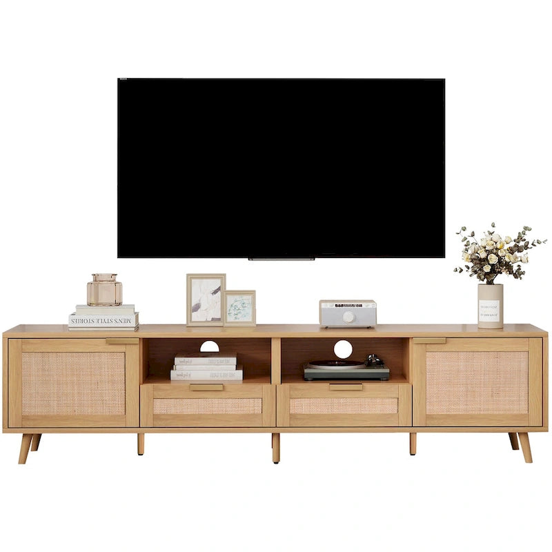 Mobile TV in Stile Rattan Color Legno da 198 cm con Ante e Ripiani, Adatto per TV Fino a 85"