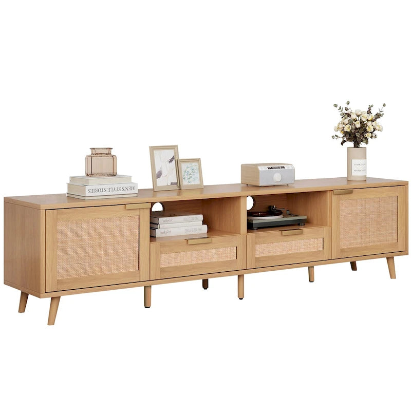 Mobile TV in Stile Rattan Color Legno da 198 cm con Ante e Ripiani, Adatto per TV Fino a 85"