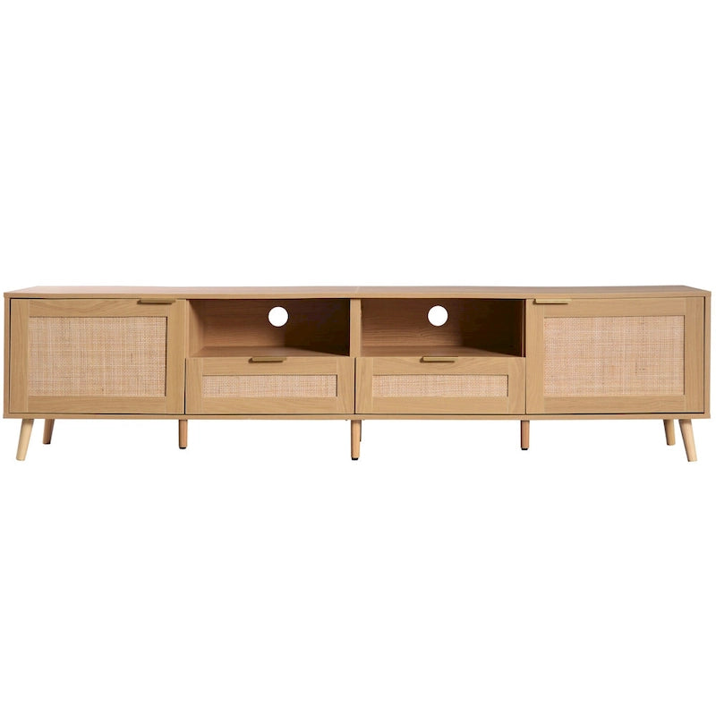 Mobile TV in Stile Rattan Color Legno da 198 cm con Ante e Ripiani, Adatto per TV Fino a 85"