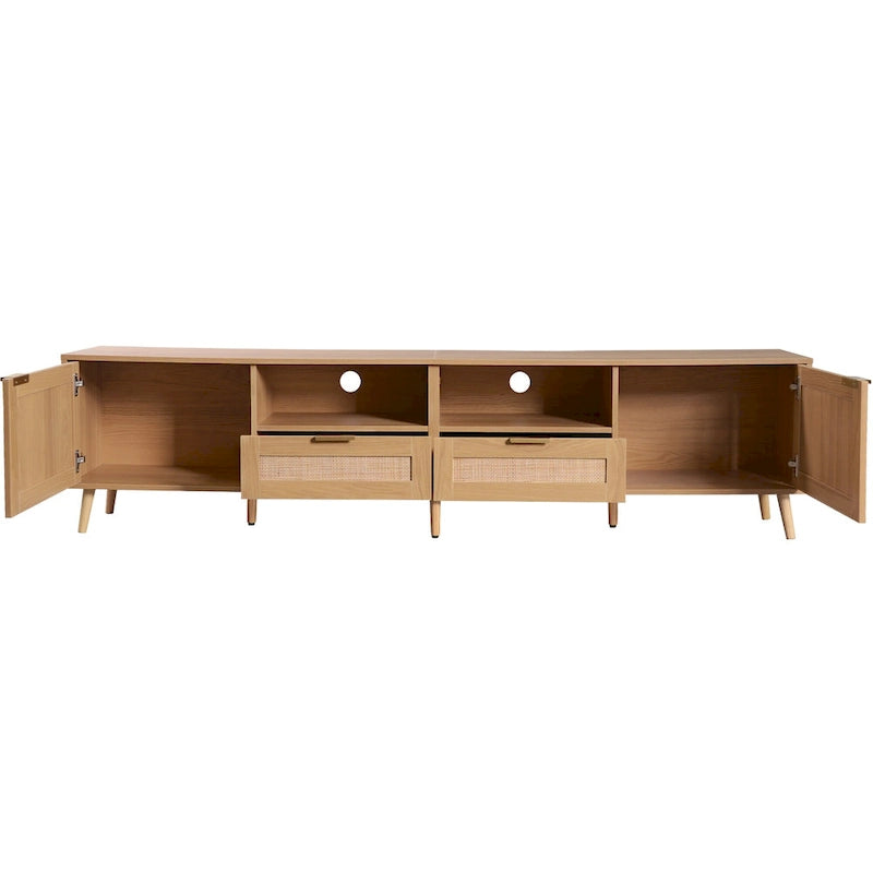 Mobile TV in Stile Rattan Color Legno da 198 cm con Ante e Ripiani, Adatto per TV Fino a 85"