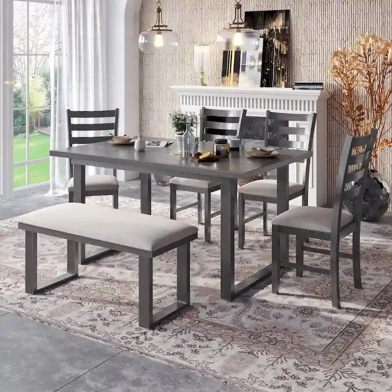 Set pranzo rustico grigio 6 posti, tavolo, 4 sedie e panca