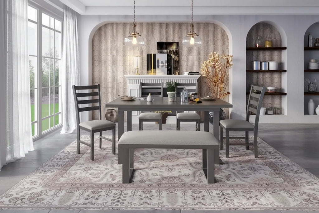 Set pranzo rustico grigio 6 posti, tavolo, 4 sedie e panca