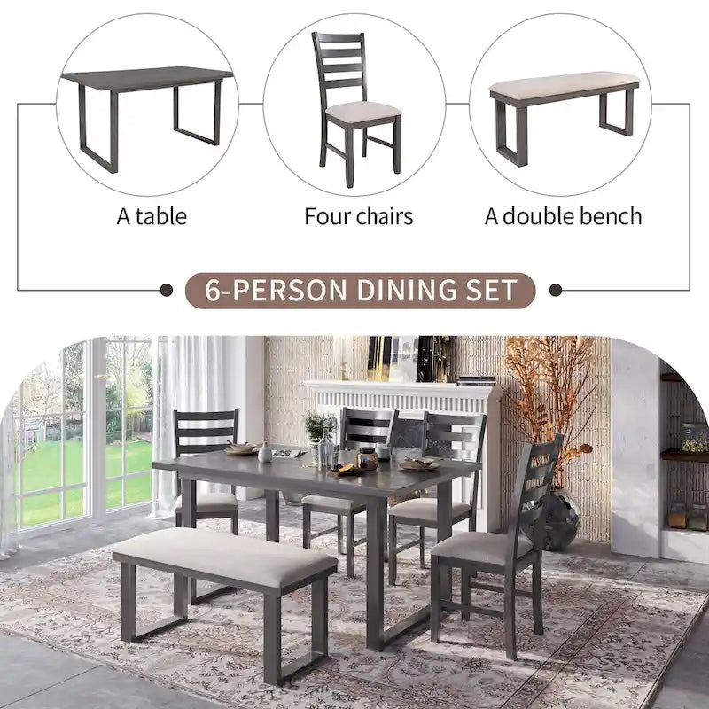 Set pranzo rustico grigio 6 posti, tavolo, 4 sedie e panca