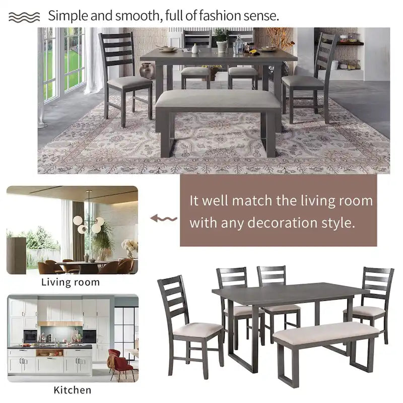 Set pranzo rustico grigio 6 posti, tavolo, 4 sedie e panca
