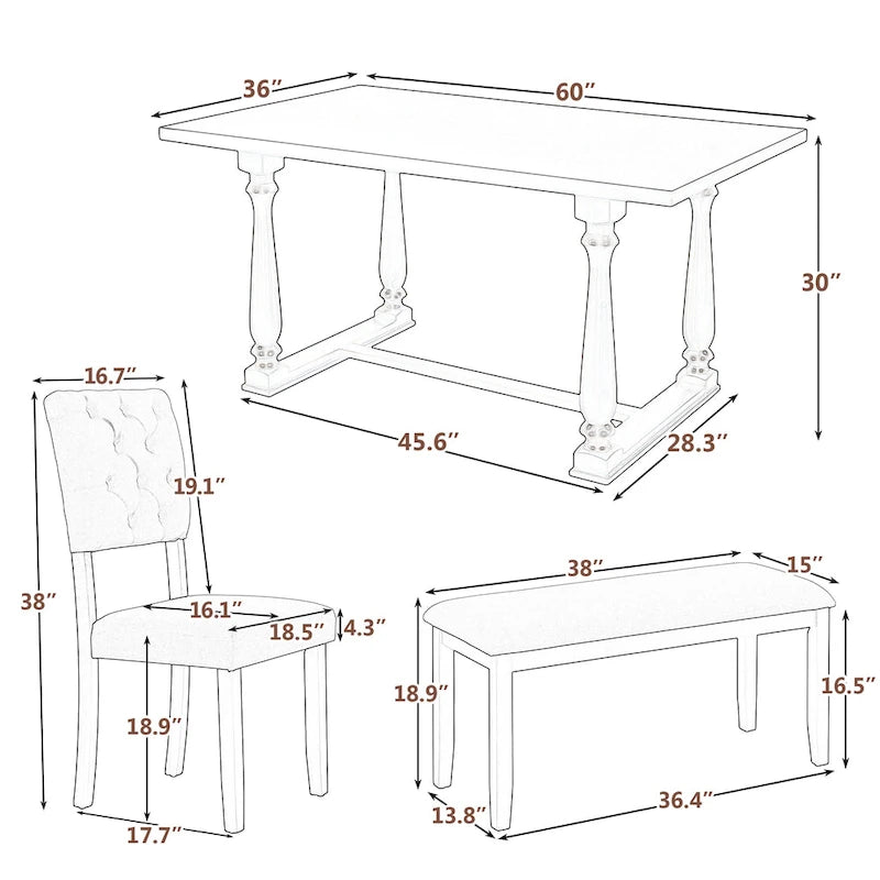 Set da pranzo retrò Espresso da 6 pezzi – Tavolo, 4 sedie e panca (6 posti)