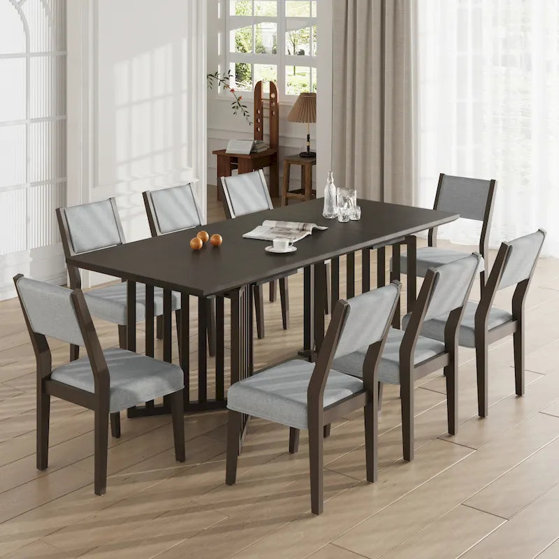 Set da pranzo allungabile in stile rustico/espresso da 9 pezzi, 8 sedie imbottite, posti a sedere per 8 persone