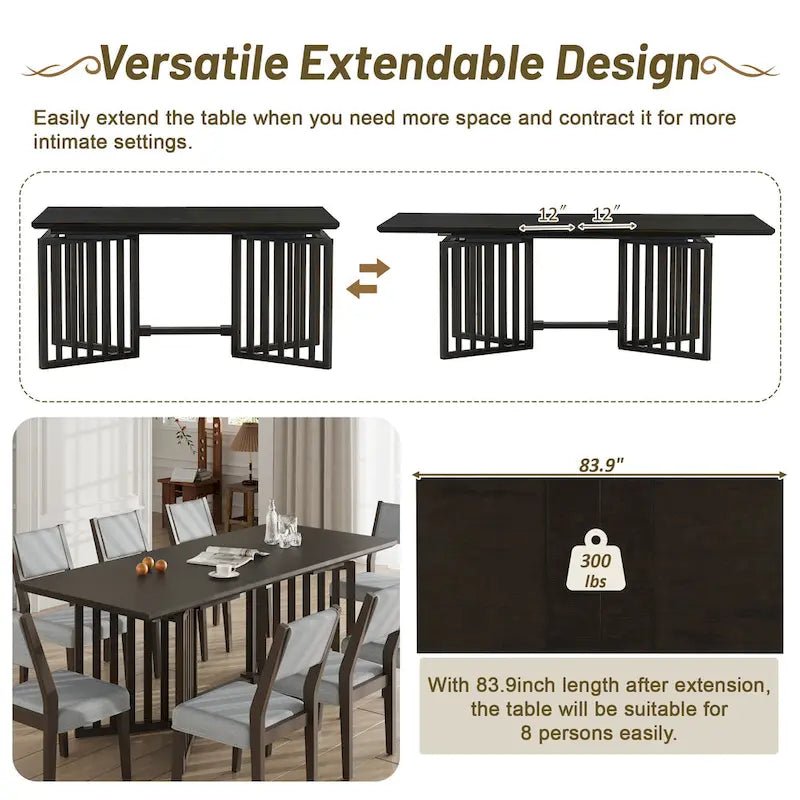 Set da pranzo allungabile in stile rustico/espresso da 9 pezzi, 8 sedie imbottite, posti a sedere per 8 persone