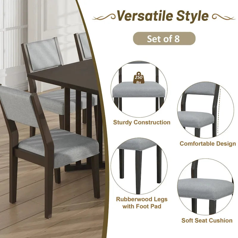 Set da pranzo allungabile in stile rustico/espresso da 9 pezzi, 8 sedie imbottite, posti a sedere per 8 persone