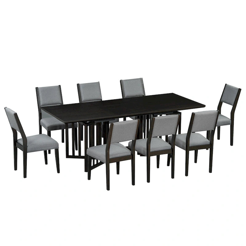 Set da pranzo allungabile in stile rustico/espresso da 9 pezzi, 8 sedie imbottite, posti a sedere per 8 persone