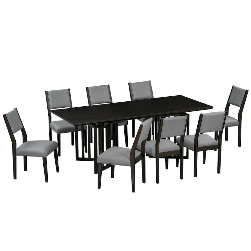 Set da pranzo allungabile in stile rustico/espresso da 9 pezzi, 8 sedie imbottite, posti a sedere per 8 persone