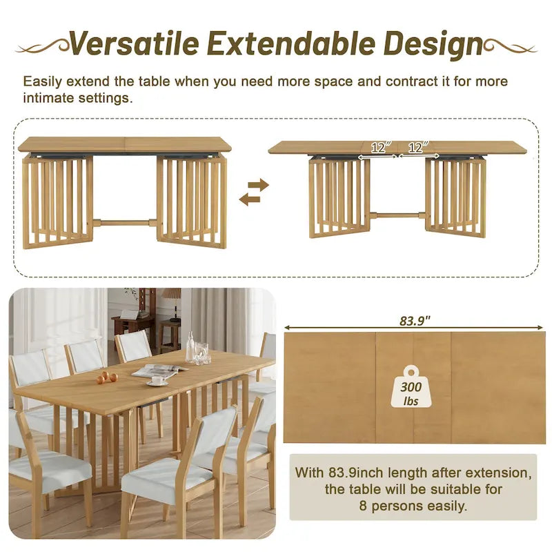 Set da pranzo allungabile in stile rustico/espresso da 9 pezzi, 8 sedie imbottite, posti a sedere per 8 persone