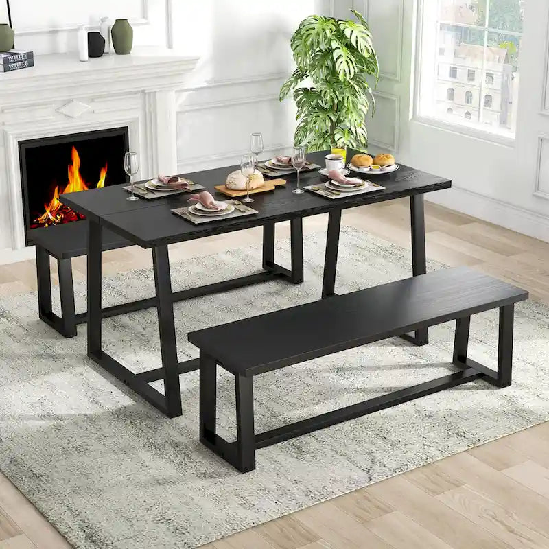 Tavolo da pranzo rettangolare da 160 cm, nero/caffè, piano con venature del legno, 4–6 posti a sedere