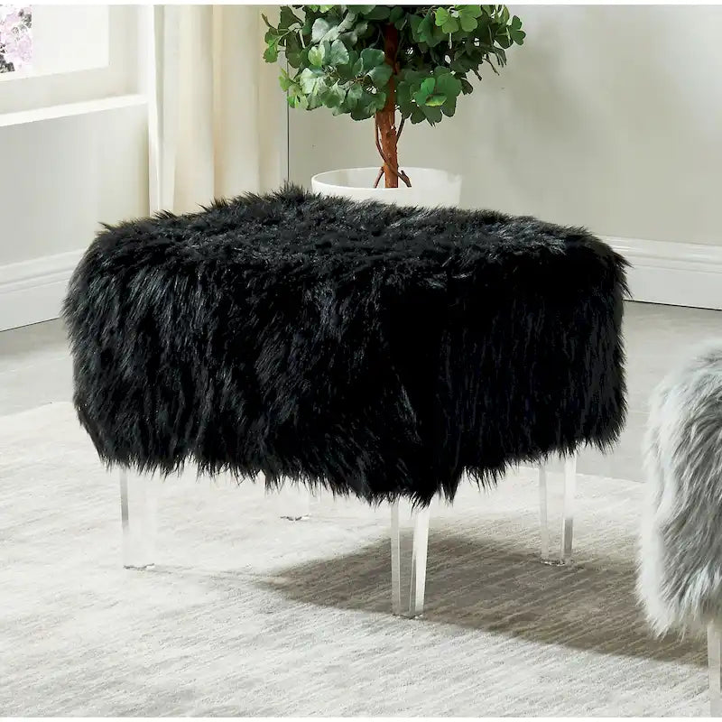 Pouf Rotondo Grigio / Rosa / Nero in Pelliccia Sintetica con Gambe in Acrilico Trasparente, Posti a Sedere 1