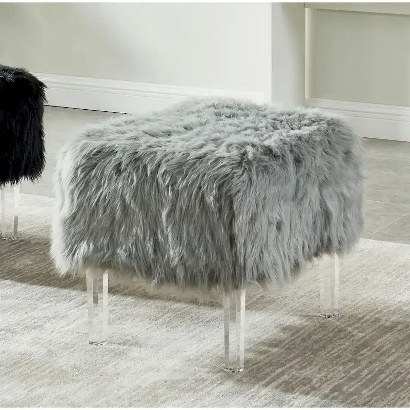 Pouf Rotondo Grigio / Rosa / Nero in Pelliccia Sintetica con Gambe in Acrilico Trasparente, Posti a Sedere 1