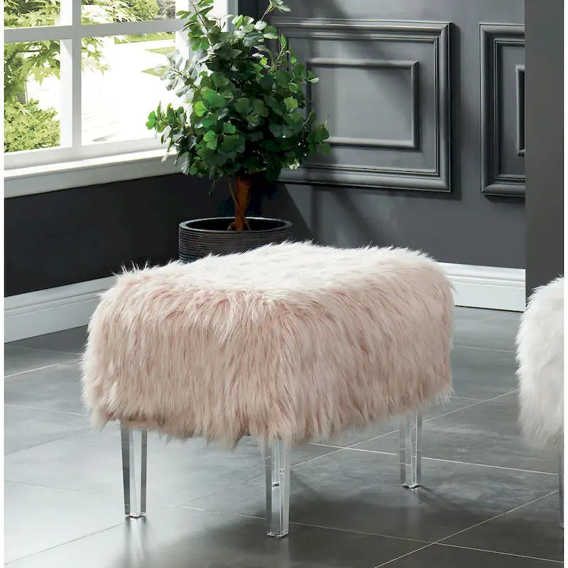 Pouf Rotondo Grigio / Rosa / Nero in Pelliccia Sintetica con Gambe in Acrilico Trasparente, Posti a Sedere 1