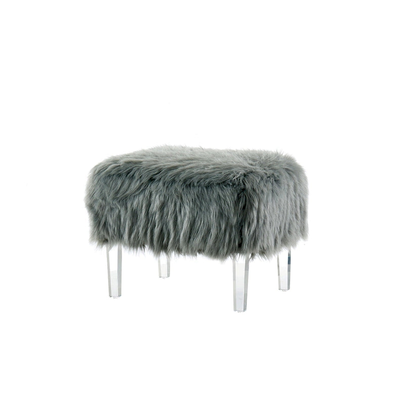 Pouf Rotondo Grigio / Rosa / Nero in Pelliccia Sintetica con Gambe in Acrilico Trasparente, Posti a Sedere 1