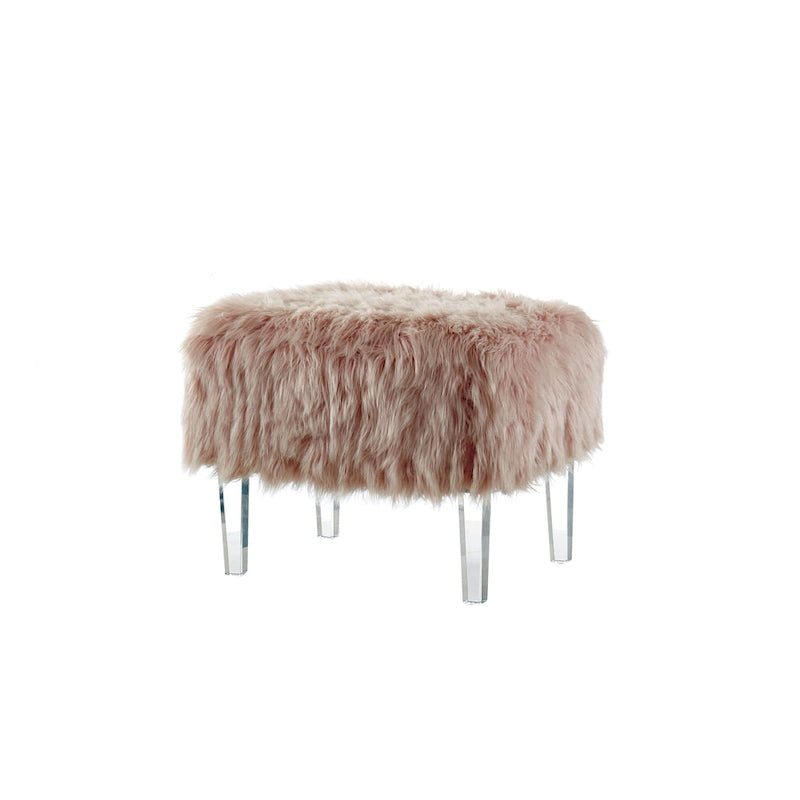 Pouf Rotondo Grigio / Rosa / Nero in Pelliccia Sintetica con Gambe in Acrilico Trasparente, Posti a Sedere 1
