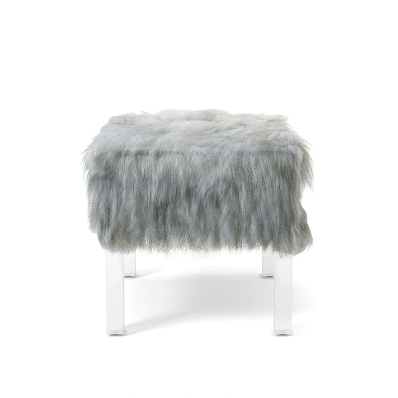 Pouf Rotondo Grigio / Rosa / Nero in Pelliccia Sintetica con Gambe in Acrilico Trasparente, Posti a Sedere 1