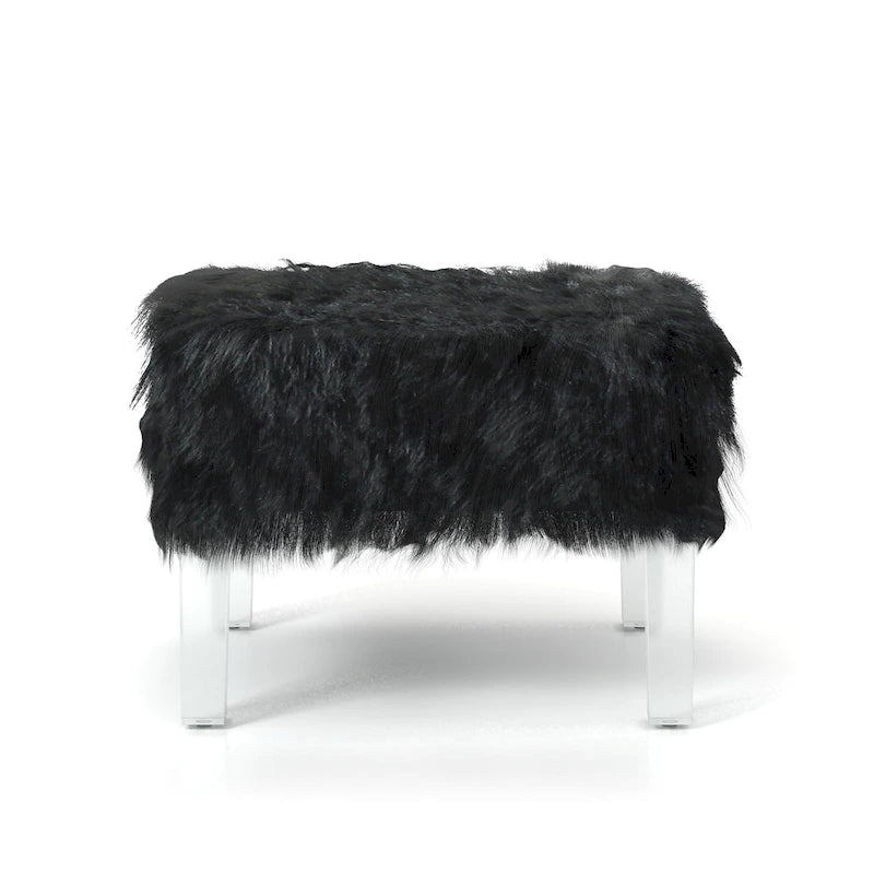 Pouf Rotondo Grigio / Rosa / Nero in Pelliccia Sintetica con Gambe in Acrilico Trasparente, Posti a Sedere 1