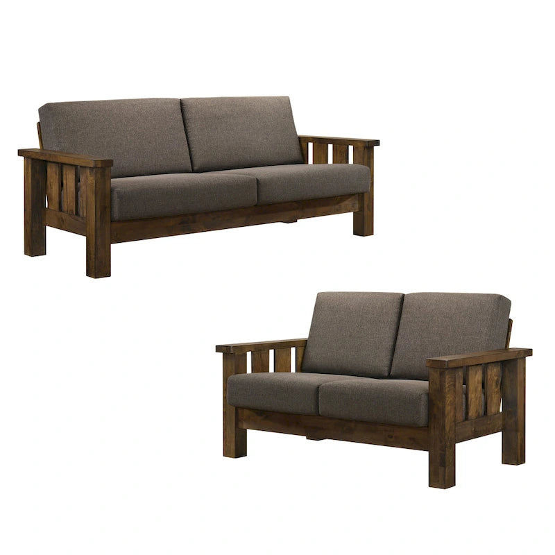 Set Divano a 2 Pezzi in Stile Missione, Marrone Scuro / Rovere Rustico, Posti a Sedere 5