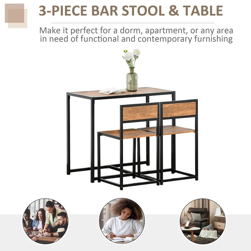 Set da pranzo 3 pezzi per 2 in Legno Vintage Nero – Tavolo e 2 Sedie
