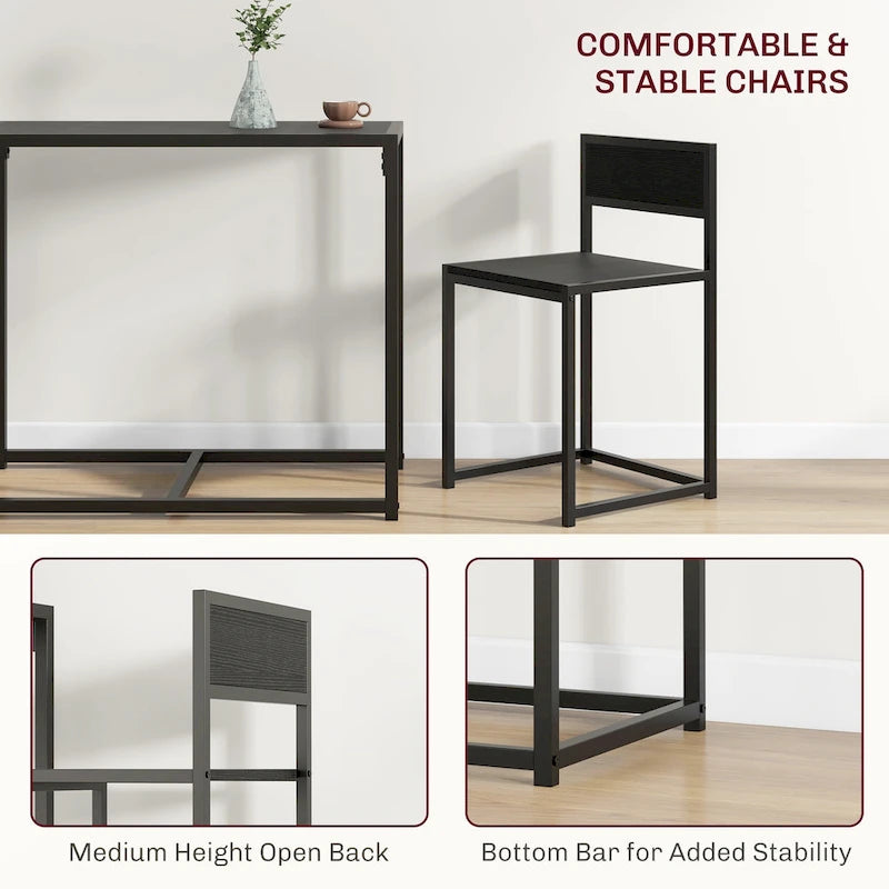 Set da pranzo 3 pezzi per 2 in Legno Vintage Nero – Tavolo e 2 Sedie