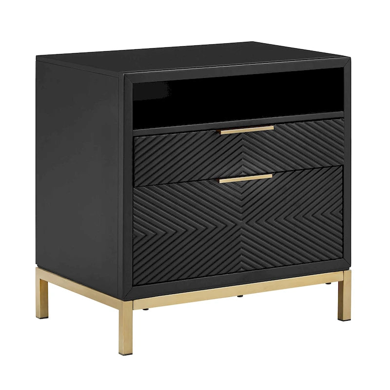 Comodino Nero a 2 Cassetti con Porte USB, Singolo