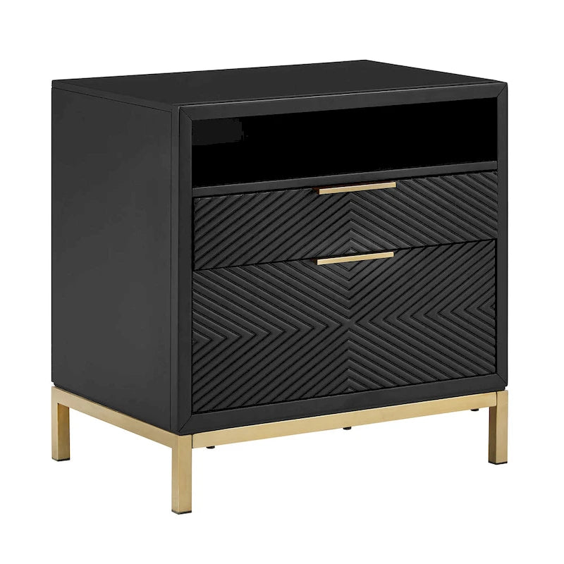 Comodino Nero a 2 Cassetti con Porte USB, Singolo