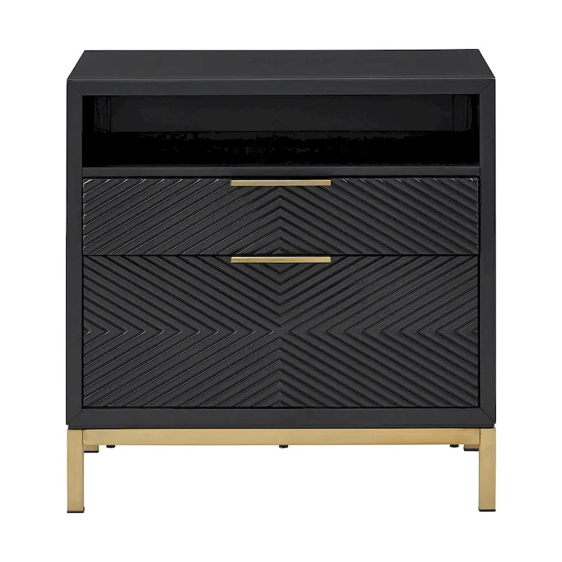 Comodino Nero a 2 Cassetti con Porte USB, Singolo