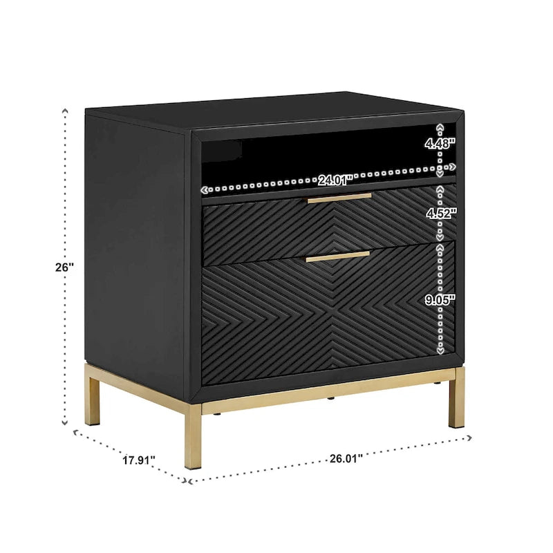Comodino Nero a 2 Cassetti con Porte USB, Singolo