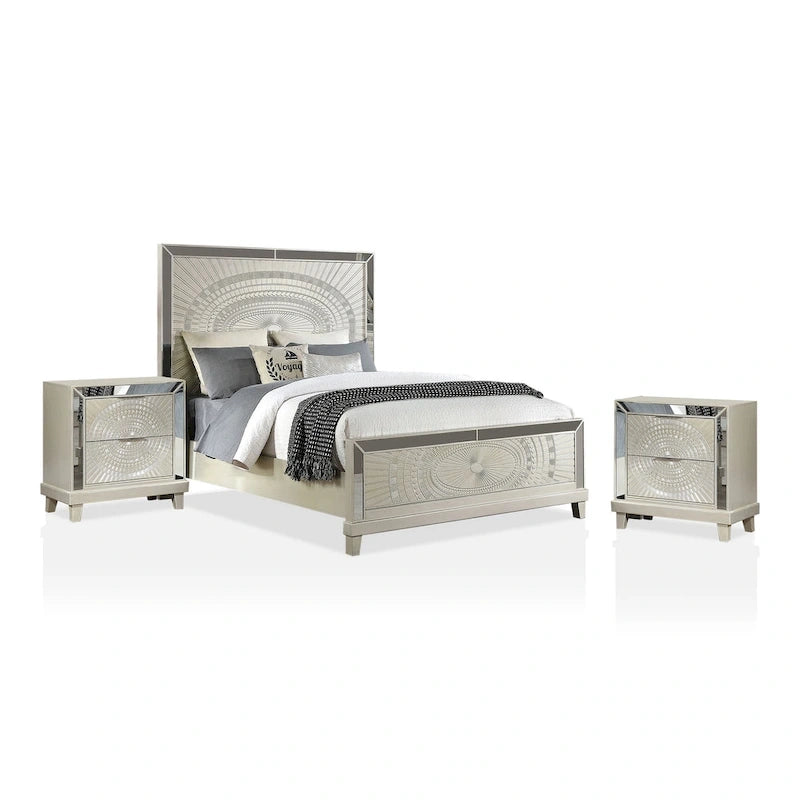 Set letto con pannello e 2 comodini Champagne Glam con porta USB, per 2 – King / Queen / California King