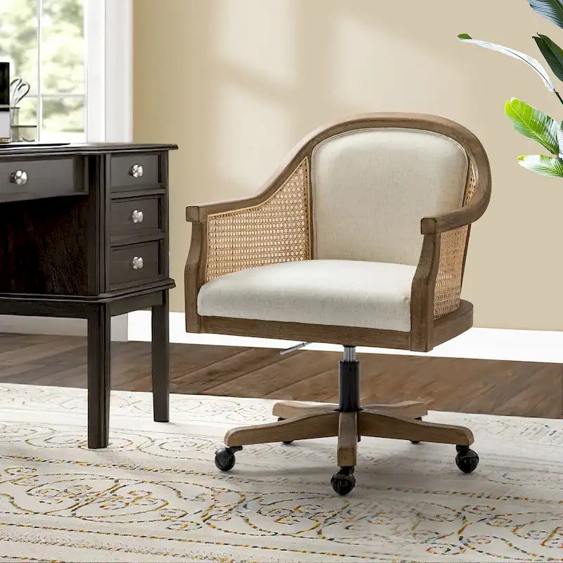 Sedia da scrivania girevole in rattan in stile rustico, colore avorio/lino/blu, regolabile in altezza, sedile singolo