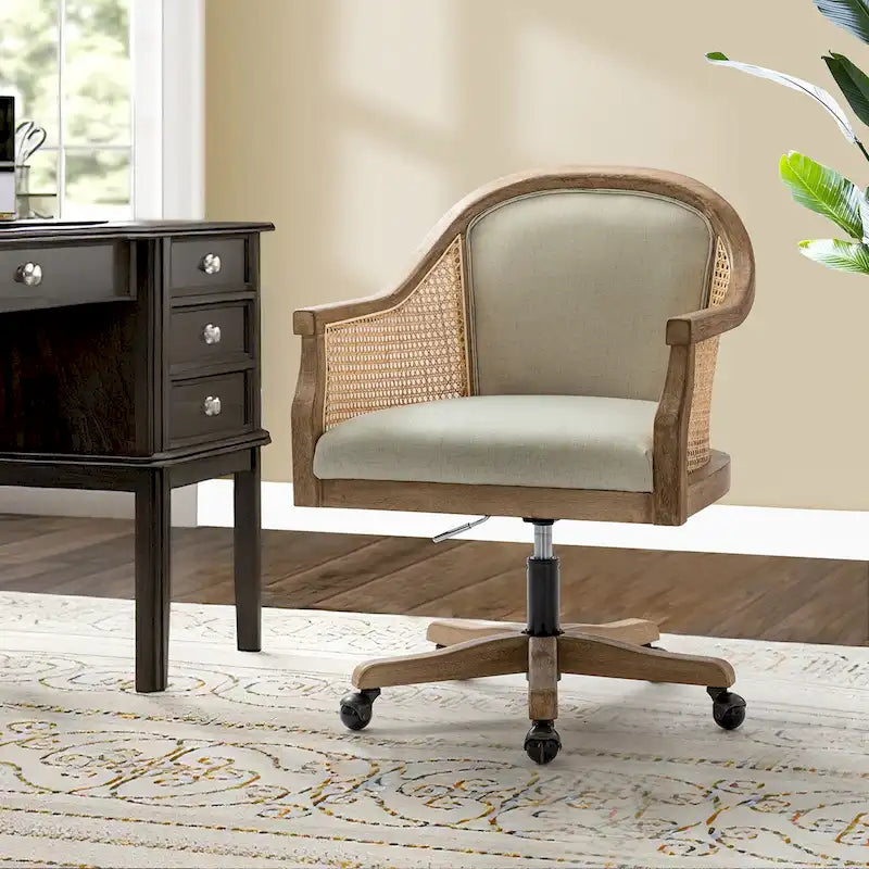 Sedia da scrivania girevole in rattan in stile rustico, colore avorio/lino/blu, regolabile in altezza, sedile singolo
