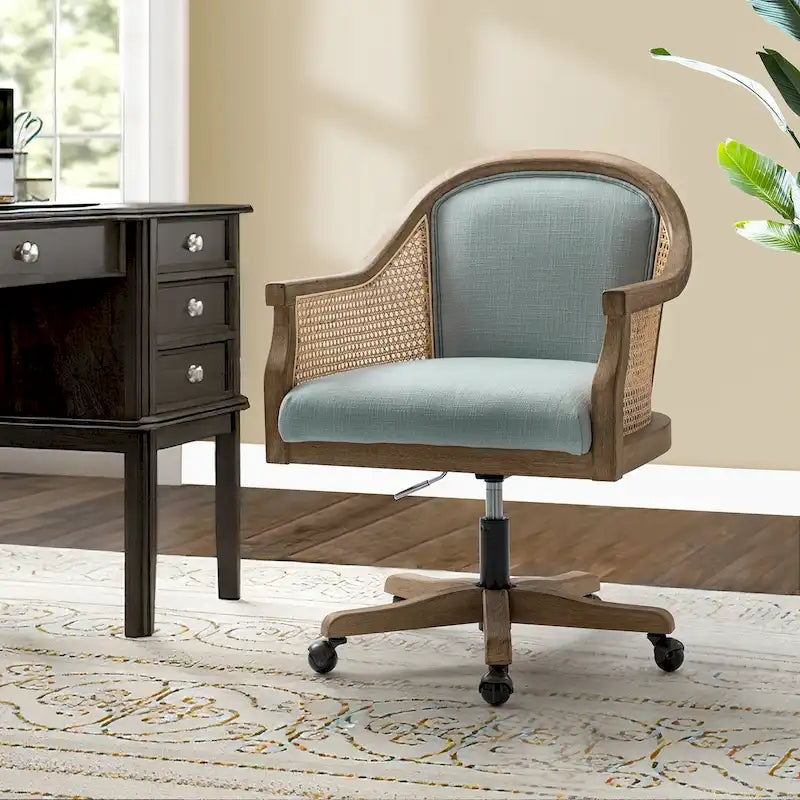 Sedia da scrivania girevole in rattan in stile rustico, colore avorio/lino/blu, regolabile in altezza, sedile singolo
