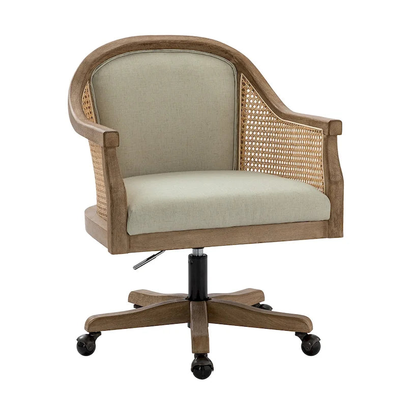 Sedia da scrivania girevole in rattan in stile rustico, colore avorio/lino/blu, regolabile in altezza, sedile singolo