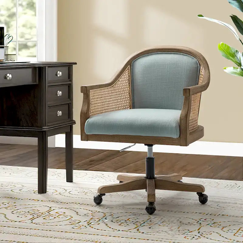 Sedia da scrivania girevole in rattan in stile rustico, colore avorio/lino/blu, regolabile in altezza, sedile singolo