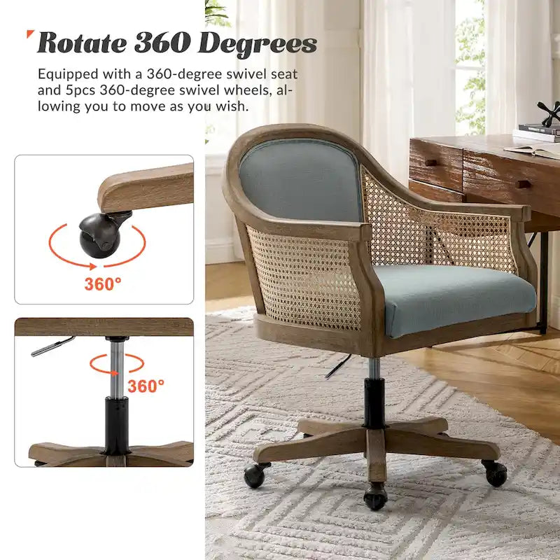 Sedia da scrivania girevole in rattan in stile rustico, colore avorio/lino/blu, regolabile in altezza, sedile singolo
