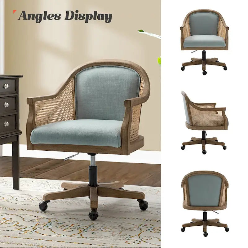 Sedia da scrivania girevole in rattan in stile rustico, colore avorio/lino/blu, regolabile in altezza, sedile singolo