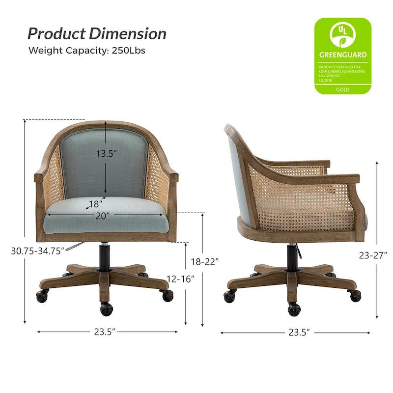 Sedia da scrivania girevole in rattan in stile rustico, colore avorio/lino/blu, regolabile in altezza, sedile singolo