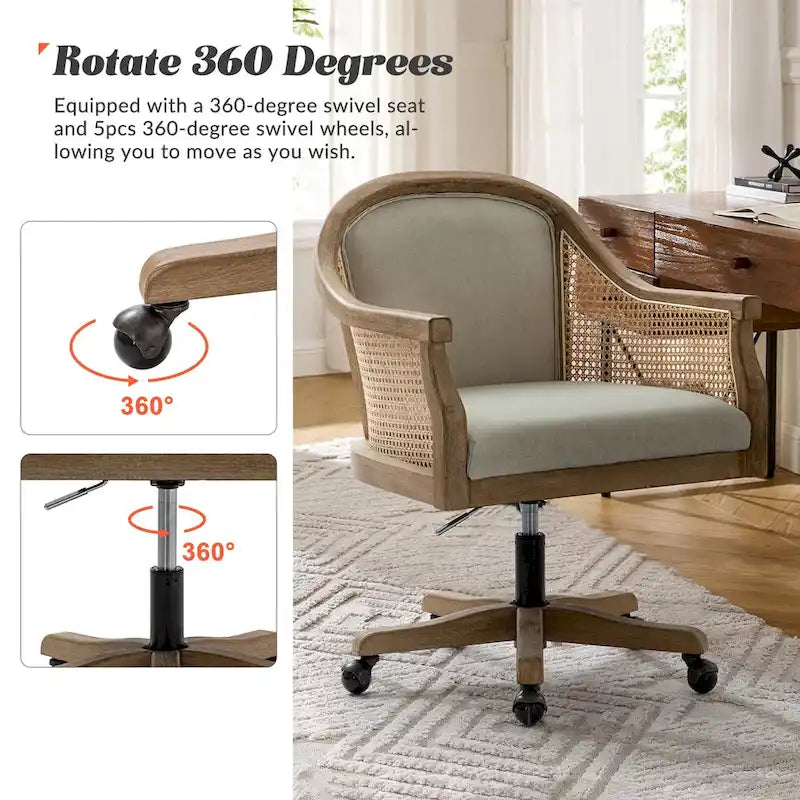 Sedia da scrivania girevole in rattan in stile rustico, colore avorio/lino/blu, regolabile in altezza, sedile singolo