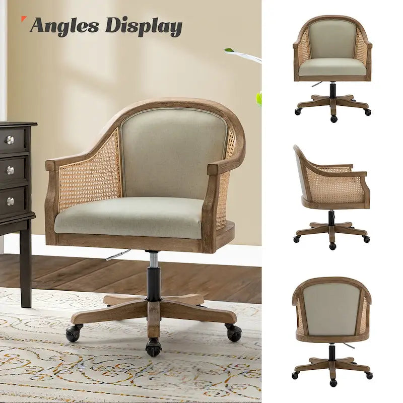 Sedia da scrivania girevole in rattan in stile rustico, colore avorio/lino/blu, regolabile in altezza, sedile singolo