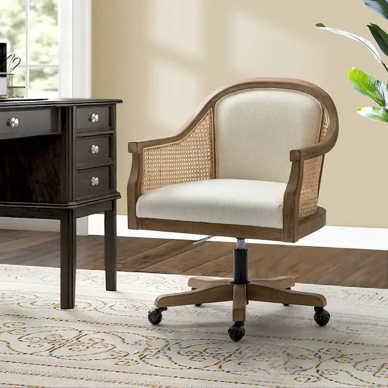 Sedia da scrivania girevole in rattan in stile rustico, colore avorio/lino/blu, regolabile in altezza, sedile singolo