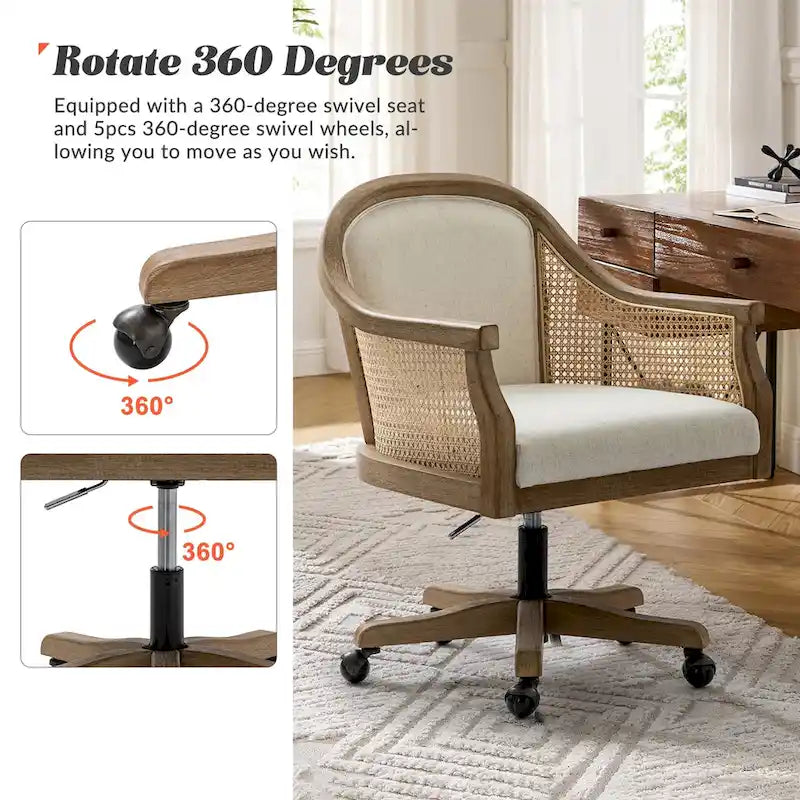 Sedia da scrivania girevole in rattan in stile rustico, colore avorio/lino/blu, regolabile in altezza, sedile singolo