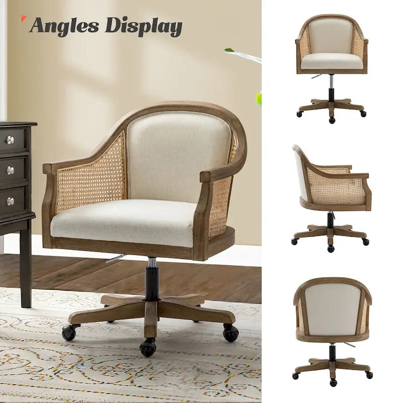 Sedia da scrivania girevole in rattan in stile rustico, colore avorio/lino/blu, regolabile in altezza, sedile singolo