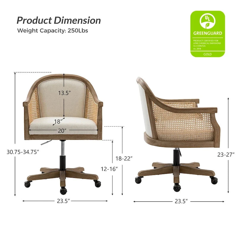 Sedia da scrivania girevole in rattan in stile rustico, colore avorio/lino/blu, regolabile in altezza, sedile singolo